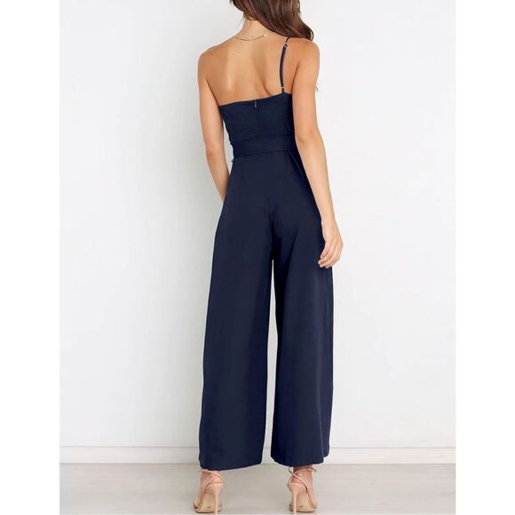NEW 1 Shoulder Tie Waist Wide Leg Jumpsuit Romper Pockets XL - Picture 5 of 7
